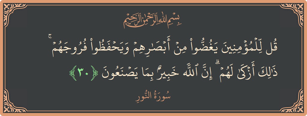 Ayat 30 - Surat An Nur: (قل للمؤمنين يغضوا من أبصارهم ويحفظوا فروجهم ۚ ذلك أزكى لهم ۗ إن الله خبير بما يصنعون...) - Indonesia