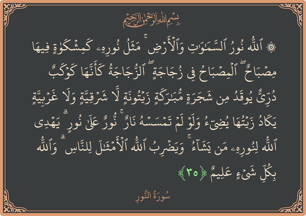Verse 35 - Surah An-Noor: (۞ الله نور السماوات والأرض ۚ مثل نوره كمشكاة فيها مصباح ۖ المصباح في زجاجة ۖ الزجاجة كأنها كوكب دري...) - English