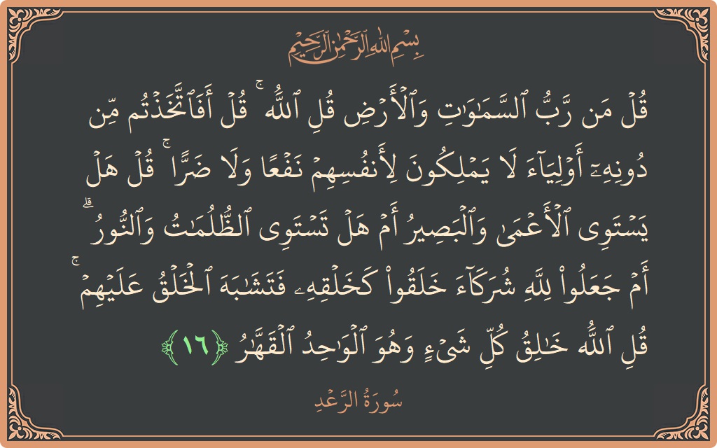 الآية 16 - سورة الرعد: (قل من رب السماوات والأرض قل الله ۚ قل أفاتخذتم من دونه أولياء لا يملكون لأنفسهم نفعا ولا ضرا ۚ...)