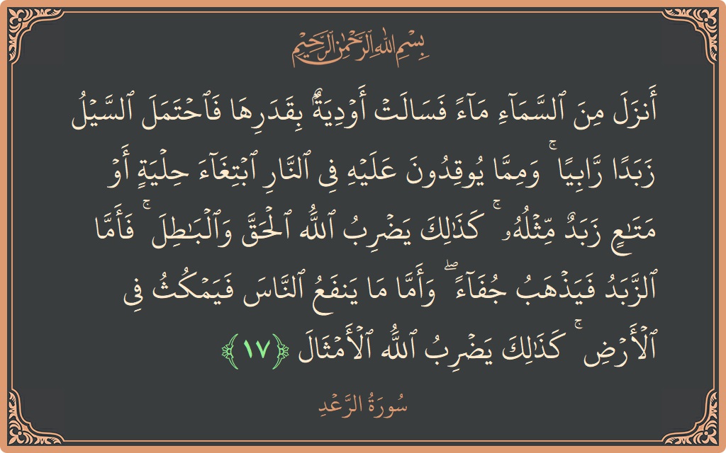 الآية 17 - سورة الرعد: (أنزل من السماء ماء فسالت أودية بقدرها فاحتمل السيل زبدا رابيا ۚ ومما يوقدون عليه في النار ابتغاء حلية أو...)