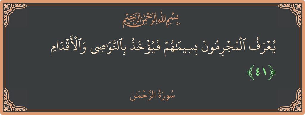 Verse 41 - Surah Ar-Rahmaan: (يعرف المجرمون بسيماهم فيؤخذ بالنواصي والأقدام...) - English