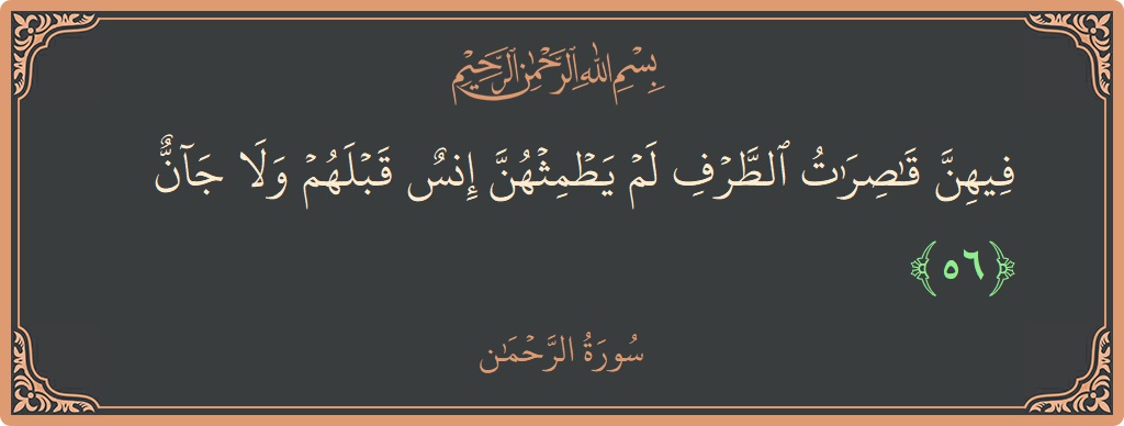 Verse 56 - Surah Ar-Rahmaan: (فيهن قاصرات الطرف لم يطمثهن إنس قبلهم ولا جان...) - English