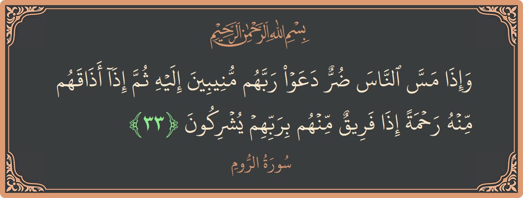 الآية 33 - سورة الروم: (وإذا مس الناس ضر دعوا ربهم منيبين إليه ثم إذا أذاقهم منه رحمة إذا فريق منهم بربهم يشركون...)