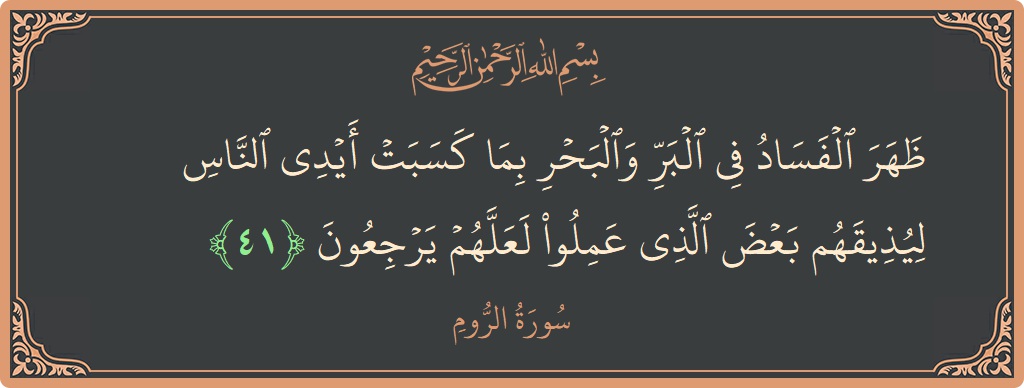 الآية 41 - سورة الروم: (ظهر الفساد في البر والبحر بما كسبت أيدي الناس ليذيقهم بعض الذي عملوا لعلهم يرجعون...)