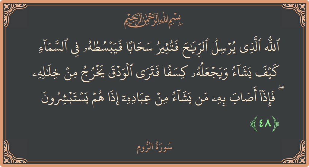 الآية 48 - سورة الروم: (الله الذي يرسل الرياح فتثير سحابا فيبسطه في السماء كيف يشاء ويجعله كسفا فترى الودق يخرج من خلاله ۖ فإذا...)