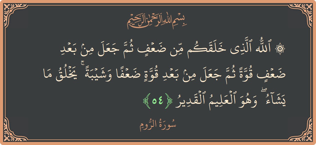 Ayat 54 - Surah Ar-Room: (۞ الله الذي خلقكم من ضعف ثم جعل من بعد ضعف قوة ثم جعل من بعد قوة ضعفا وشيبة ۚ...) - Indonesia