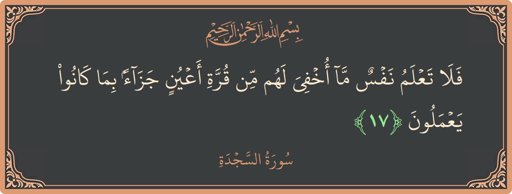 الآية 17 - سورة السجدة: (فلا تعلم نفس ما أخفي لهم من قرة أعين جزاء بما كانوا يعملون...)