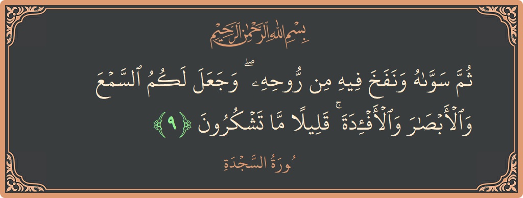 آیت 9 - سورہ سجدہ: (ثم سواه ونفخ فيه من روحه ۖ وجعل لكم السمع والأبصار والأفئدة ۚ قليلا ما تشكرون...) - اردو