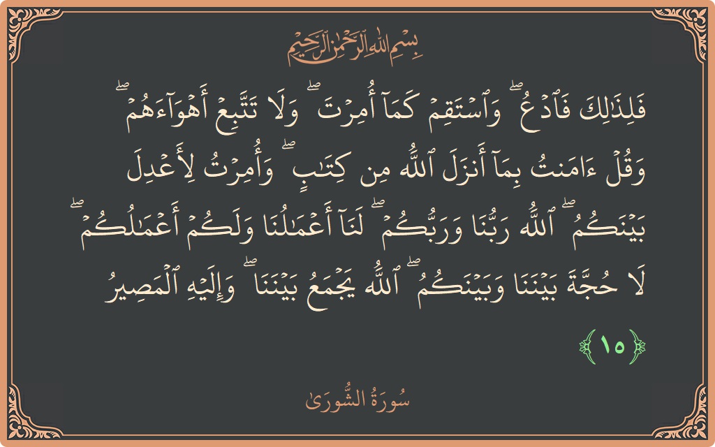 الآية 15 - سورة الشورى: (فلذلك فادع ۖ واستقم كما أمرت ۖ ولا تتبع أهواءهم ۖ وقل آمنت بما أنزل الله من كتاب ۖ وأمرت...)
