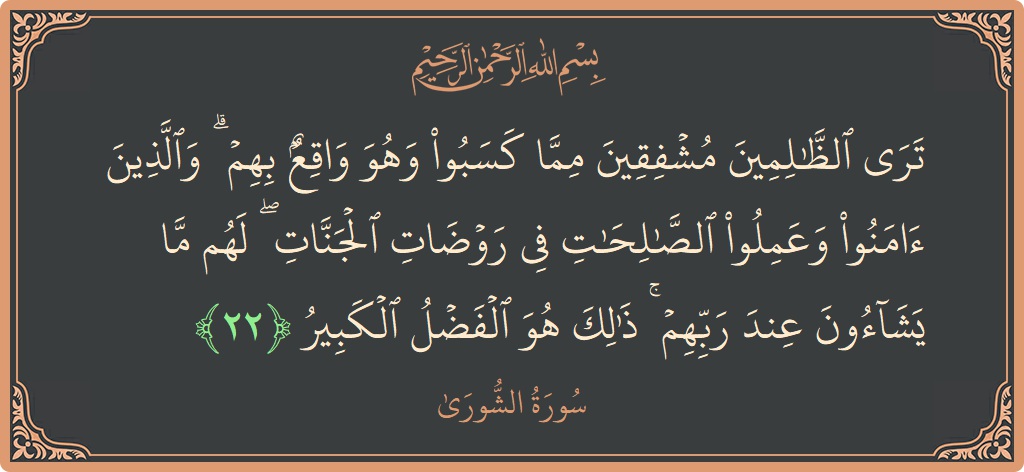Ayat 22 - Surah Ash-Syura: (ترى الظالمين مشفقين مما كسبوا وهو واقع بهم ۗ والذين آمنوا وعملوا الصالحات في روضات الجنات ۖ لهم ما يشاءون...) - Indonesia