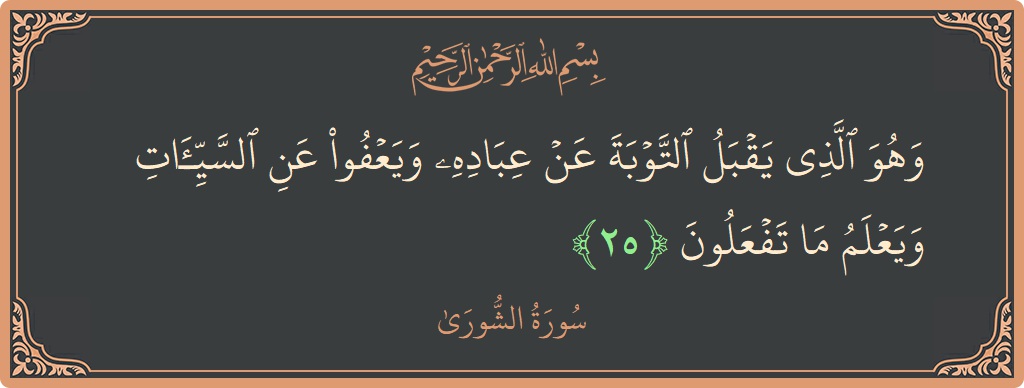 Verse 25 - Surah Ash-Shura: (وهو الذي يقبل التوبة عن عباده ويعفو عن السيئات ويعلم ما تفعلون...) - English
