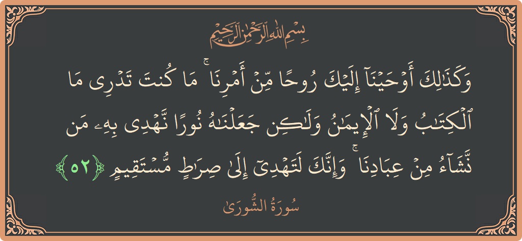 Verse 52 - Surah Ash-Shura: (وكذلك أوحينا إليك روحا من أمرنا ۚ ما كنت تدري ما الكتاب ولا الإيمان ولكن جعلناه نورا نهدي به من...) - English