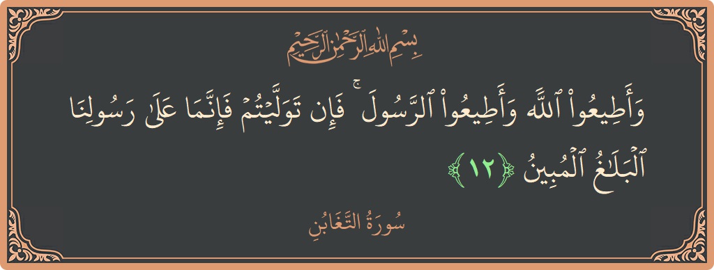 Ayat 12 - Surah At-Taghaabun: (وأطيعوا الله وأطيعوا الرسول ۚ فإن توليتم فإنما على رسولنا البلاغ المبين...) - Indonesia