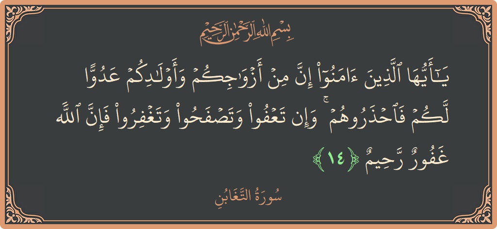 Ayat 14 - Surah At-Taghaabun: (يا أيها الذين آمنوا إن من أزواجكم وأولادكم عدوا لكم فاحذروهم ۚ وإن تعفوا وتصفحوا وتغفروا فإن الله غفور رحيم...) - Indonesia