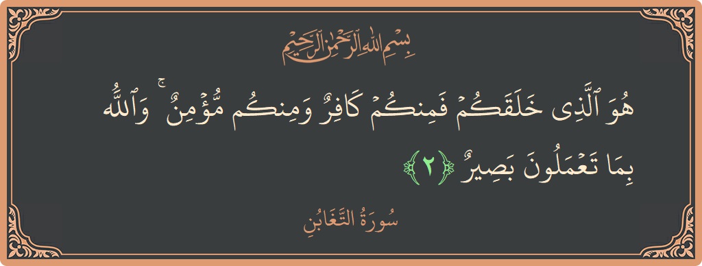 Verse 2 - Surah At-Taghaabun: (هو الذي خلقكم فمنكم كافر ومنكم مؤمن ۚ والله بما تعملون بصير...) - English