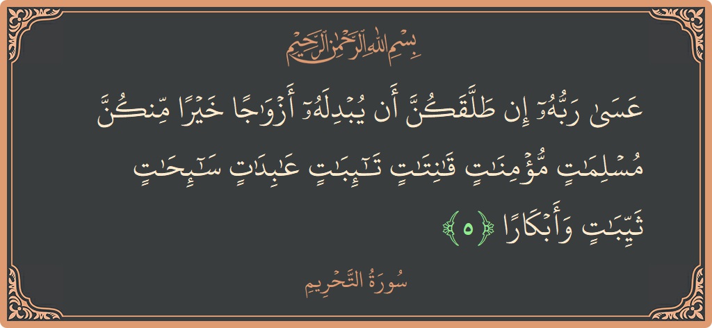 Verse 5 - Surah At-Tahrim: (عسى ربه إن طلقكن أن يبدله أزواجا خيرا منكن مسلمات مؤمنات قانتات تائبات عابدات سائحات ثيبات وأبكارا...) - English