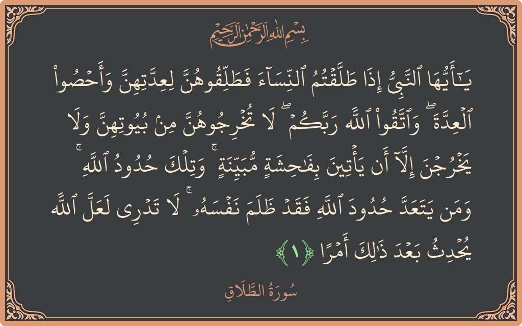الآية 1 - سورة الطلاق: (يا أيها النبي إذا طلقتم النساء فطلقوهن لعدتهن وأحصوا العدة ۖ واتقوا الله ربكم ۖ لا تخرجوهن من بيوتهن ولا...)