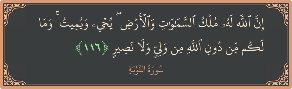 Verse 116 - Surah At-Tawba: (إن الله له ملك السماوات والأرض ۖ يحيي ويميت ۚ وما لكم من دون الله من ولي ولا نصير...) - English