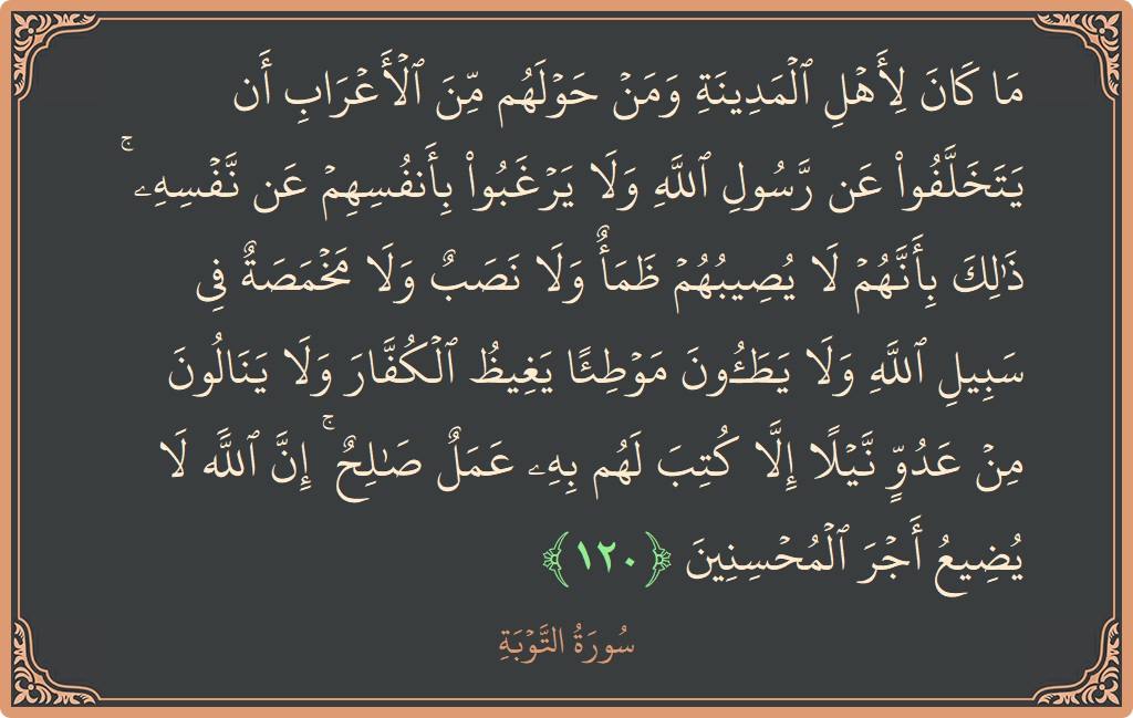 الآية 120 - سورة التوبة: (ما كان لأهل المدينة ومن حولهم من الأعراب أن يتخلفوا عن رسول الله ولا يرغبوا بأنفسهم عن نفسه ۚ ذلك...)