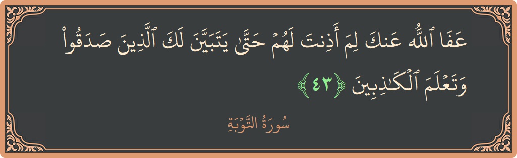 الآية 43 - سورة التوبة: (عفا الله عنك لم أذنت لهم حتى يتبين لك الذين صدقوا وتعلم الكاذبين...)