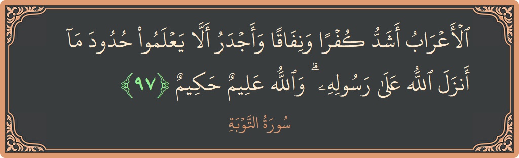 الآية 97 - سورة التوبة: (الأعراب أشد كفرا ونفاقا وأجدر ألا يعلموا حدود ما أنزل الله على رسوله ۗ والله عليم حكيم...)