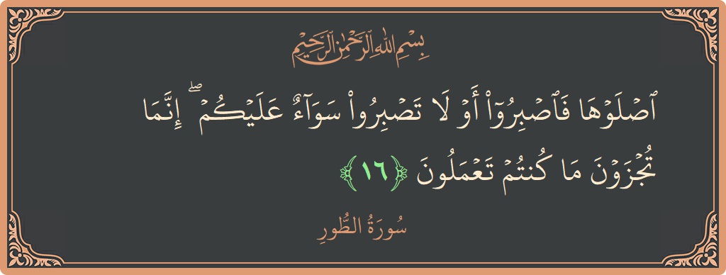 16 - Tur Suresi ayeti: (اصلوها فاصبروا أو لا تصبروا سواء عليكم ۖ إنما تجزون ما كنتم تعملون...) - Türkçe