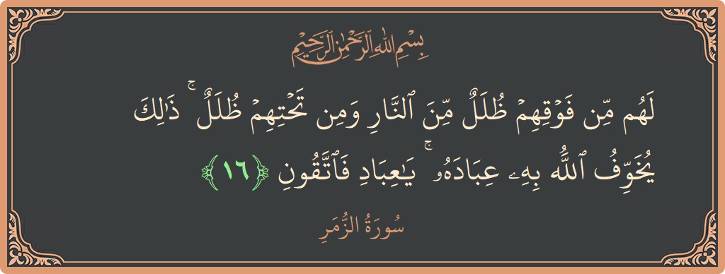 الآية 16 - سورة الزمر: (لهم من فوقهم ظلل من النار ومن تحتهم ظلل ۚ ذلك يخوف الله به عباده ۚ يا عباد فاتقون...)