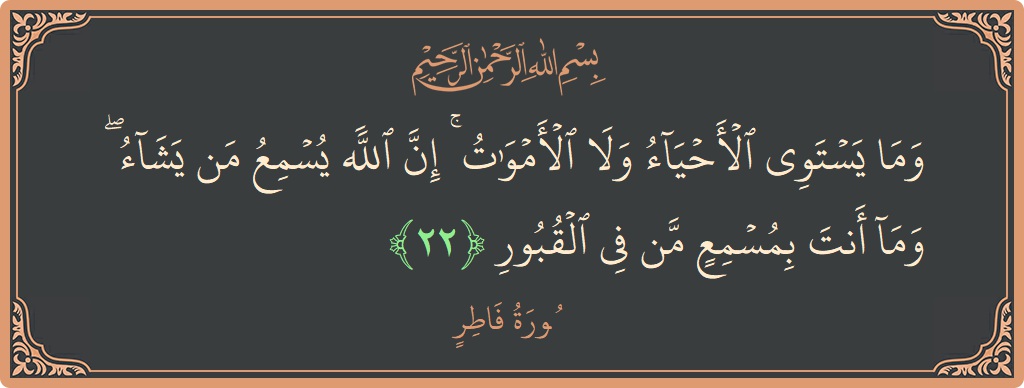آیت 22 - سورہ فاطر: (وما يستوي الأحياء ولا الأموات ۚ إن الله يسمع من يشاء ۖ وما أنت بمسمع من في القبور...) - اردو