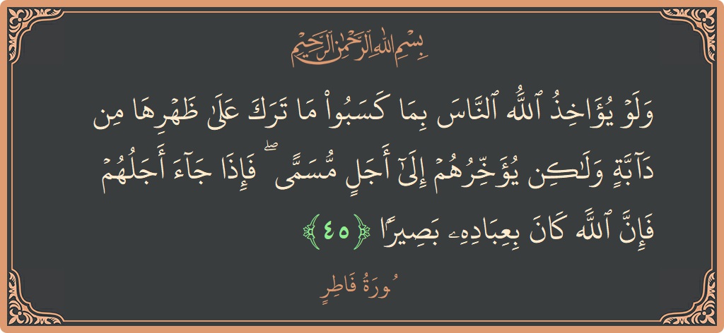 Verse 45 - Surah Faatir: (ولو يؤاخذ الله الناس بما كسبوا ما ترك على ظهرها من دابة ولكن يؤخرهم إلى أجل مسمى ۖ فإذا جاء...) - English