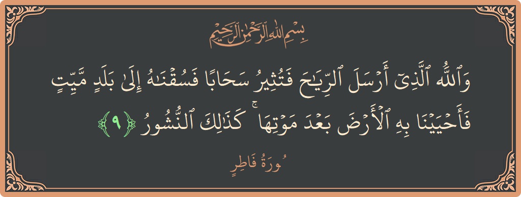 Verse 9 - Surah Faatir: (والله الذي أرسل الرياح فتثير سحابا فسقناه إلى بلد ميت فأحيينا به الأرض بعد موتها ۚ كذلك النشور...) - English