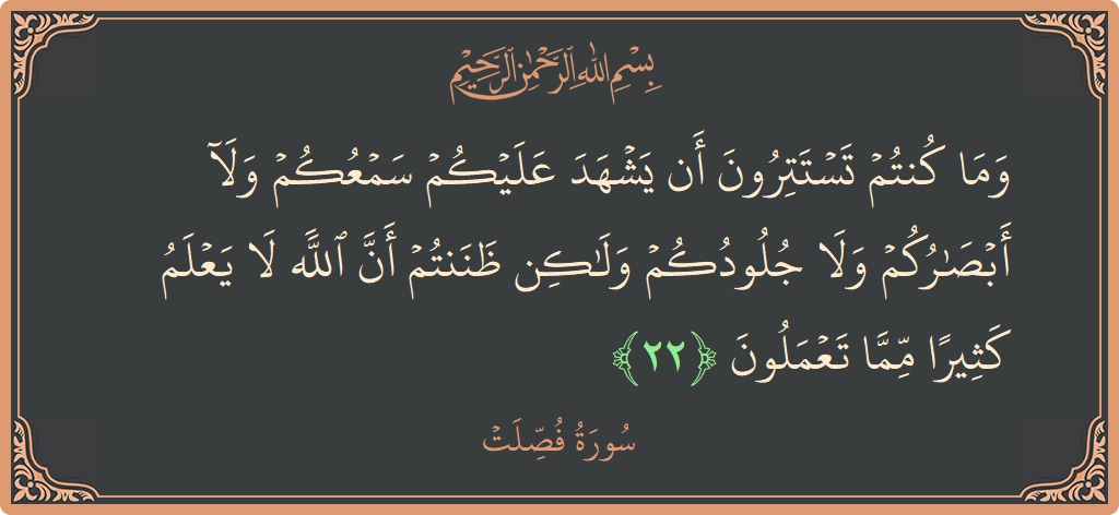 Ayat 22 - Surat Fussilat: (وما كنتم تستترون أن يشهد عليكم سمعكم ولا أبصاركم ولا جلودكم ولكن ظننتم أن الله لا يعلم كثيرا مما تعملون...) - Indonesia