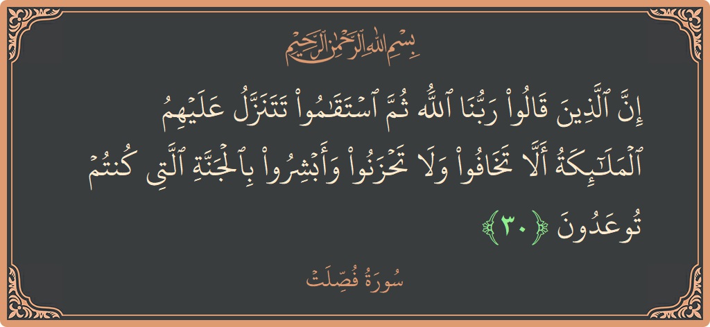آیت 30 - سورہ فصیلات: (إن الذين قالوا ربنا الله ثم استقاموا تتنزل عليهم الملائكة ألا تخافوا ولا تحزنوا وأبشروا بالجنة التي كنتم توعدون...) - اردو