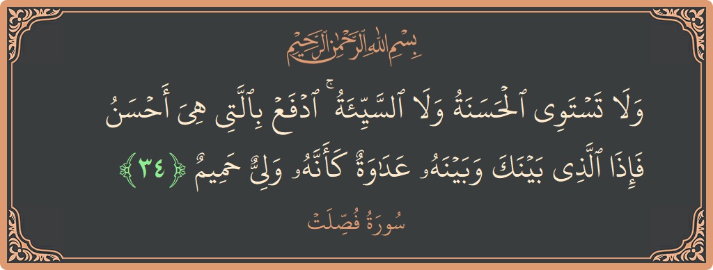 الآية 34 - سورة فصلت: (ولا تستوي الحسنة ولا السيئة ۚ ادفع بالتي هي أحسن فإذا الذي بينك وبينه عداوة كأنه ولي حميم...)