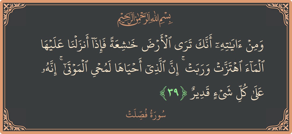 39 - Fussilet Suresi ayeti: (ومن آياته أنك ترى الأرض خاشعة فإذا أنزلنا عليها الماء اهتزت وربت ۚ إن الذي أحياها لمحيي الموتى ۚ إنه...) - Türkçe