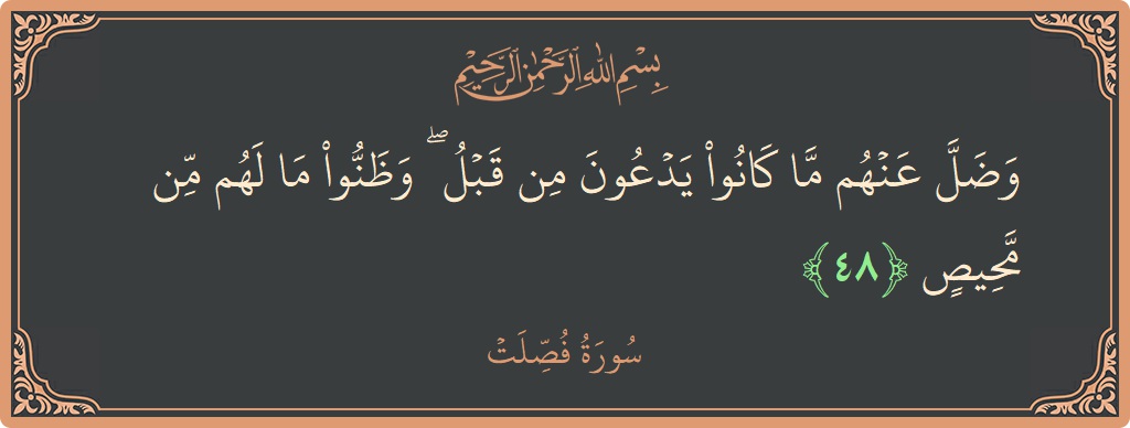 آیت 48 - سورہ فصیلات: (وضل عنهم ما كانوا يدعون من قبل ۖ وظنوا ما لهم من محيص...) - اردو