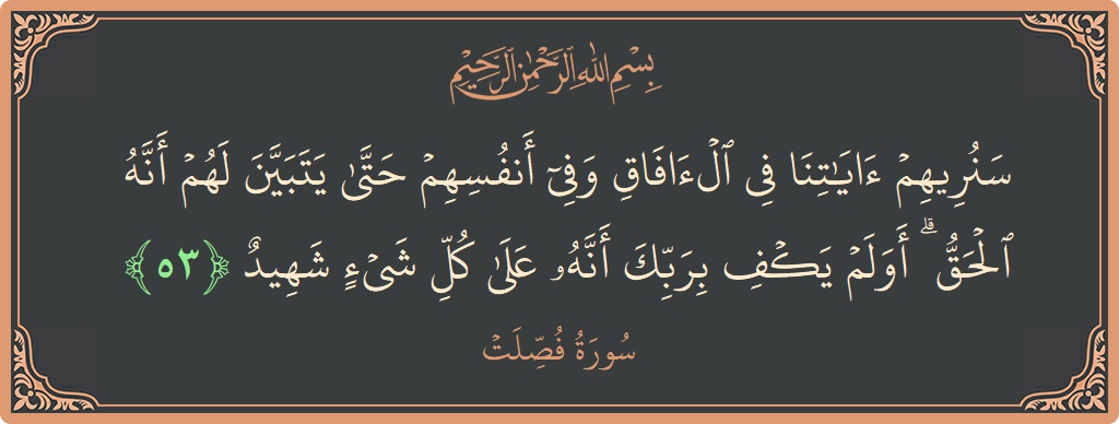 آیت 53 - سورہ فصیلات: (سنريهم آياتنا في الآفاق وفي أنفسهم حتى يتبين لهم أنه الحق ۗ أولم يكف بربك أنه على كل شيء شهيد...) - اردو