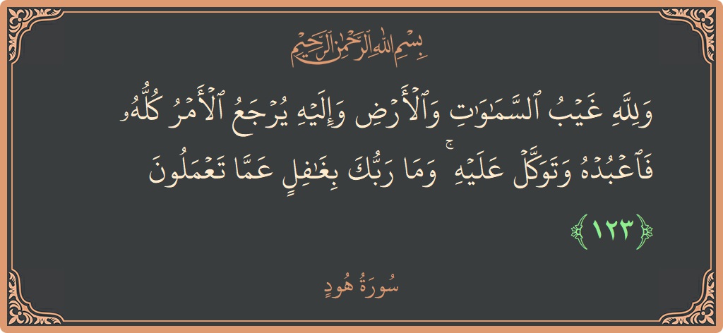 آیت 123 - سورہ ہود: (ولله غيب السماوات والأرض وإليه يرجع الأمر كله فاعبده وتوكل عليه ۚ وما ربك بغافل عما تعملون...) - اردو