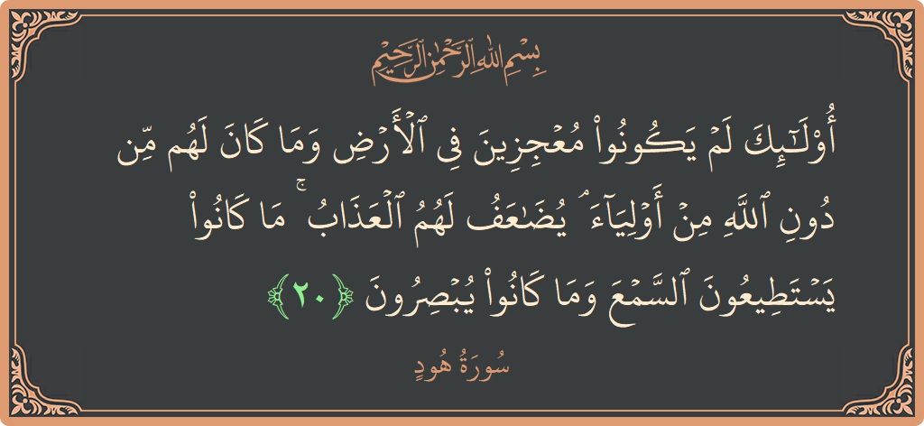 الآية 20 - سورة هود: (أولئك لم يكونوا معجزين في الأرض وما كان لهم من دون الله من أولياء ۘ يضاعف لهم العذاب ۚ ما...)