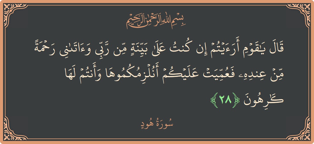 الآية 28 - سورة هود: (قال يا قوم أرأيتم إن كنت على بينة من ربي وآتاني رحمة من عنده فعميت عليكم أنلزمكموها وأنتم لها كارهون...)