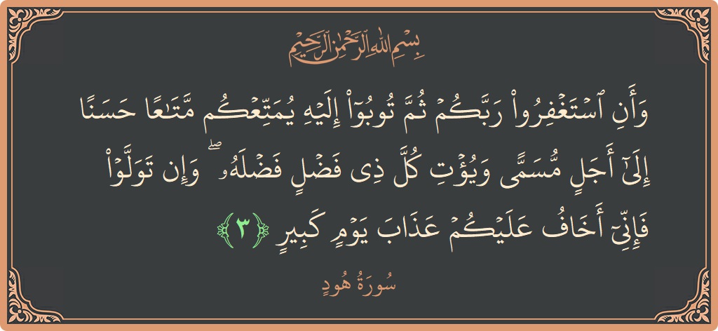 الآية 3 - سورة هود: (وأن استغفروا ربكم ثم توبوا إليه يمتعكم متاعا حسنا إلى أجل مسمى ويؤت كل ذي فضل فضله ۖ وإن تولوا...)