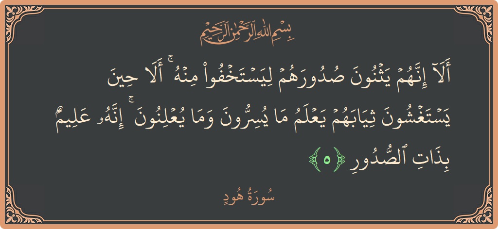 Verse 5 - Surah Hud: (ألا إنهم يثنون صدورهم ليستخفوا منه ۚ ألا حين يستغشون ثيابهم يعلم ما يسرون وما يعلنون ۚ إنه عليم بذات...) - English