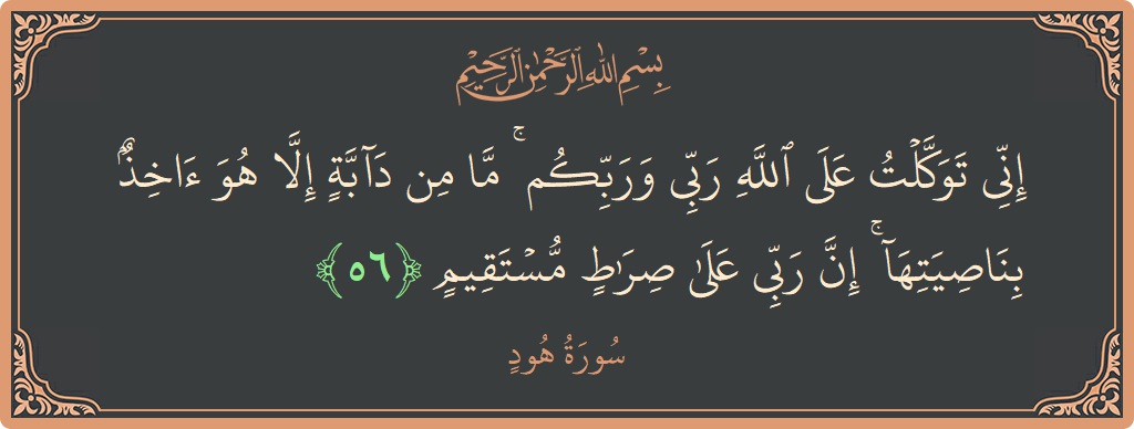 آیت 56 - سورہ ہود: (إني توكلت على الله ربي وربكم ۚ ما من دابة إلا هو آخذ بناصيتها ۚ إن ربي على صراط مستقيم...) - اردو