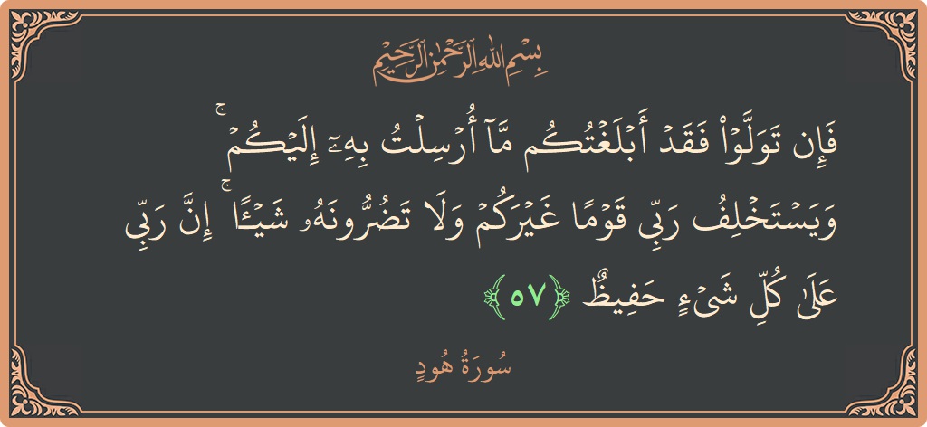 آیت 57 - سورہ ہود: (فإن تولوا فقد أبلغتكم ما أرسلت به إليكم ۚ ويستخلف ربي قوما غيركم ولا تضرونه شيئا ۚ إن ربي على...) - اردو