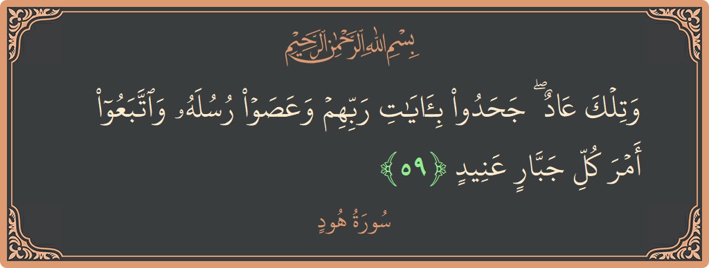 آیت 59 - سورہ ہود: (وتلك عاد ۖ جحدوا بآيات ربهم وعصوا رسله واتبعوا أمر كل جبار عنيد...) - اردو