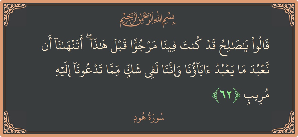 آیت 62 - سورہ ہود: (قالوا يا صالح قد كنت فينا مرجوا قبل هذا ۖ أتنهانا أن نعبد ما يعبد آباؤنا وإننا لفي شك مما...) - اردو