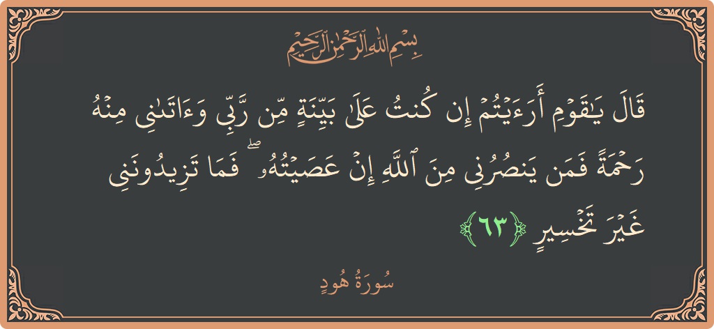 آیت 63 - سورہ ہود: (قال يا قوم أرأيتم إن كنت على بينة من ربي وآتاني منه رحمة فمن ينصرني من الله إن عصيته ۖ...) - اردو
