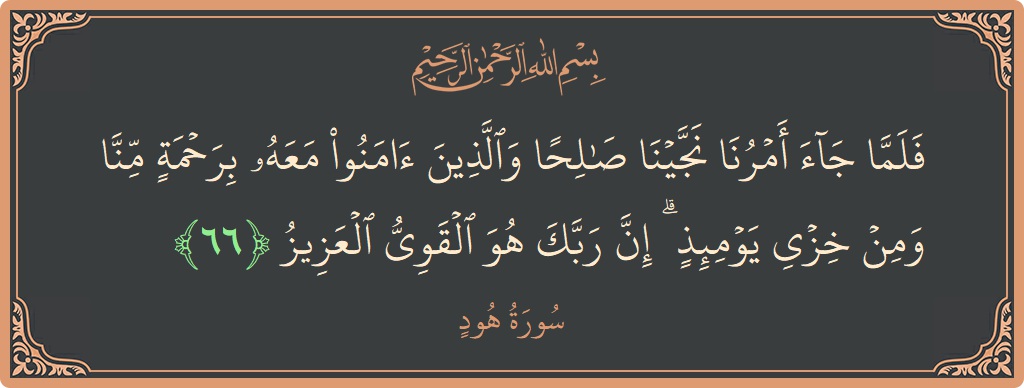 آیت 66 - سورہ ہود: (فلما جاء أمرنا نجينا صالحا والذين آمنوا معه برحمة منا ومن خزي يومئذ ۗ إن ربك هو القوي العزيز...) - اردو