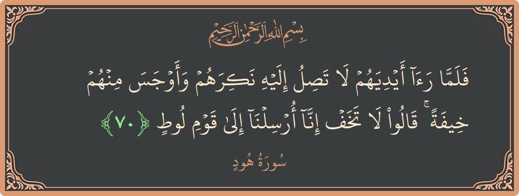 آیت 70 - سورہ ہود: (فلما رأى أيديهم لا تصل إليه نكرهم وأوجس منهم خيفة ۚ قالوا لا تخف إنا أرسلنا إلى قوم لوط...) - اردو