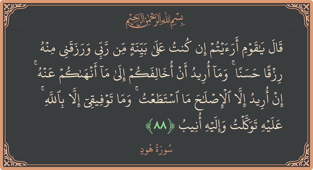 آیت 88 - سورہ ہود: (قال يا قوم أرأيتم إن كنت على بينة من ربي ورزقني منه رزقا حسنا ۚ وما أريد أن أخالفكم إلى...) - اردو