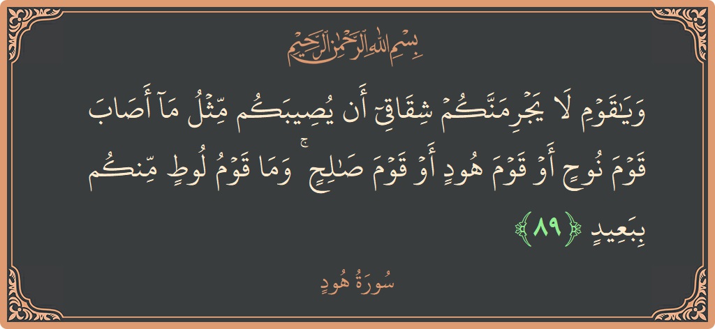 آیت 89 - سورہ ہود: (ويا قوم لا يجرمنكم شقاقي أن يصيبكم مثل ما أصاب قوم نوح أو قوم هود أو قوم صالح ۚ وما...) - اردو